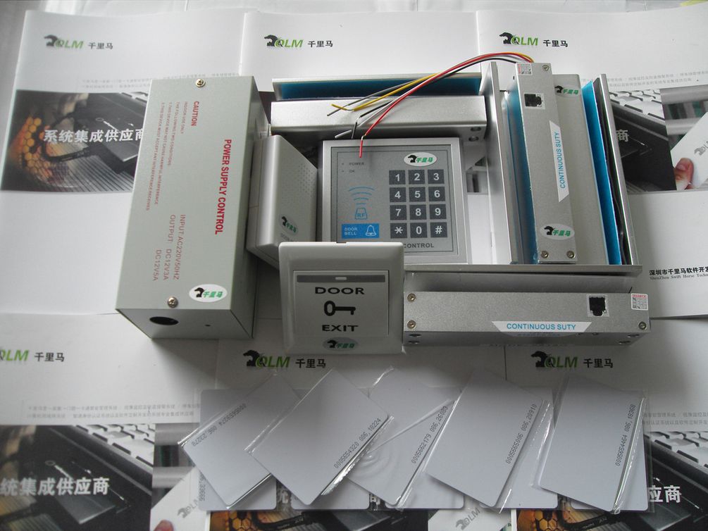 密碼門禁機-雙門上下無框鎖-門禁電源-出門按鈕-門鈴-門禁卡